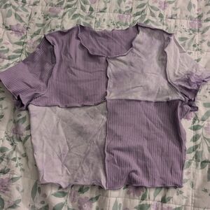 Shein Light Purple And White Marble Lettuce Trim Patchwork Crop Top Size Medium